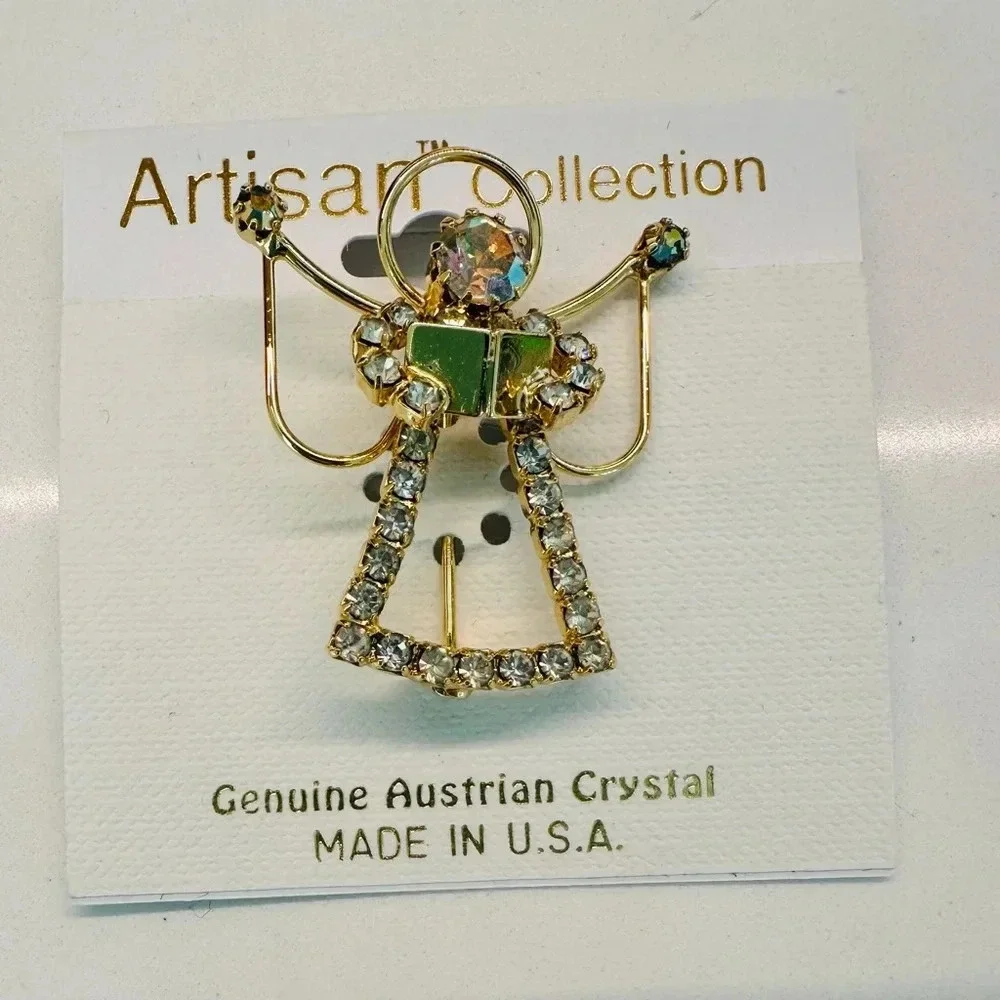 VTG Christmas Angel Gold-tone Rhinestones Pin New